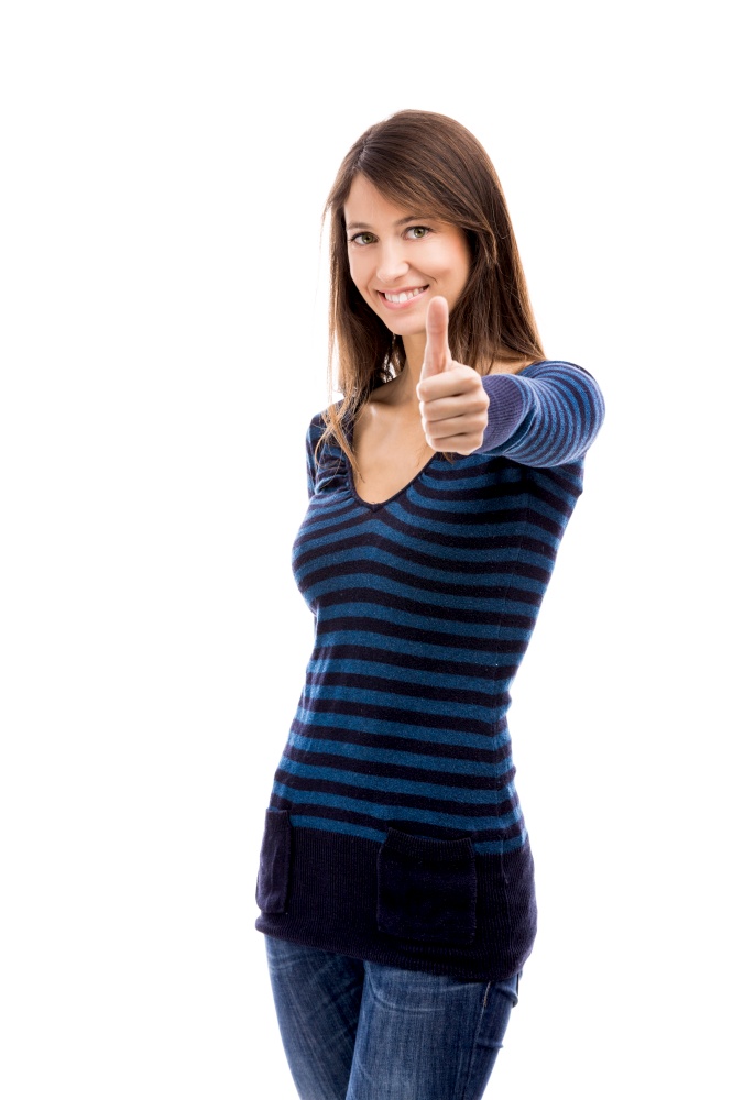 Beautiful woman with thumbs up isolated over a white background. Woman with thumbs up