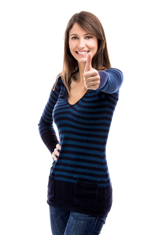 Beautiful woman with thumbs up isolated over a white background. Woman with thumbs up