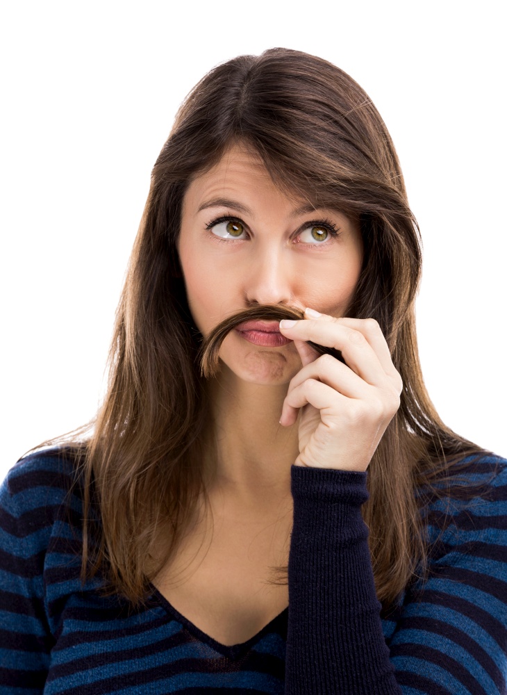 Portrait of a funny woman making a moustache with her own hair. Woman with moustache