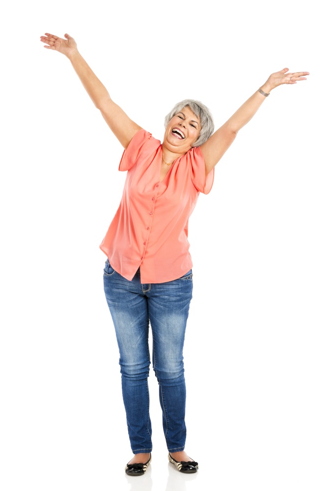 Happy elderly woman with arms open, isolated on white