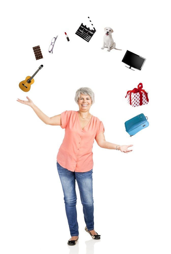 Portrait of a happy old woman with both arms open, with copyspace for the designer