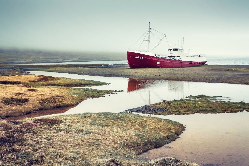 Old fishing boat that shipwrecked in the Westfjords of Iceland
