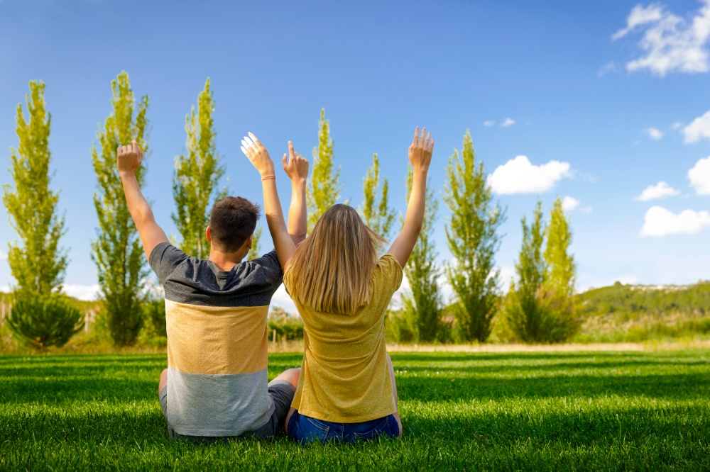 Back view of a young couple sitting on the grass with arms on the air