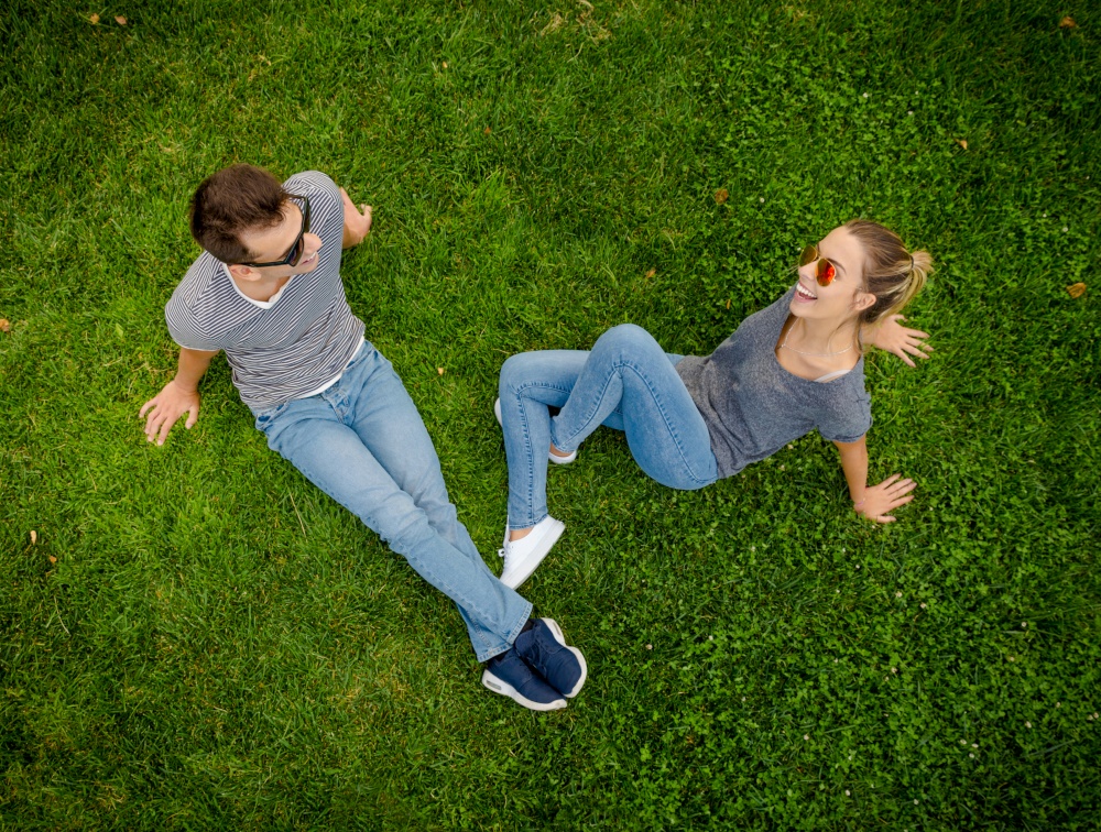 Top view of a happy young couple in the park together