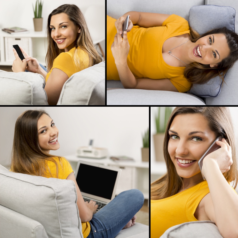 Multiple pictures of a the same woman sitting on a sofa and doing diferent activities