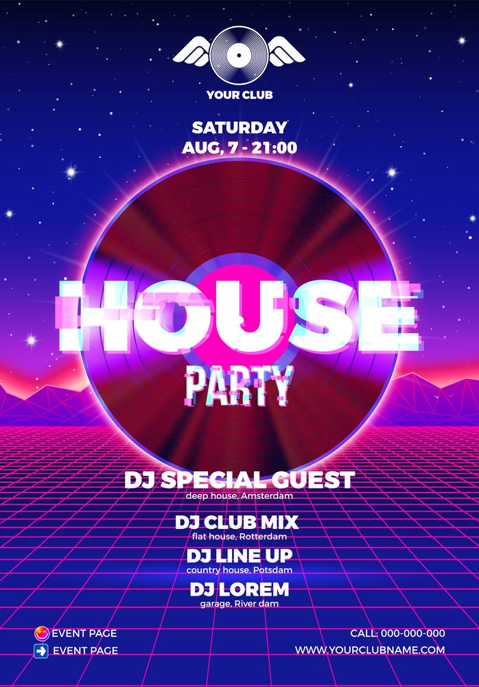 Vinyl party poster 80s style with ultraviolet background and LP for House rave club nights. Advertising blue and purple leaflet or flyer with modern electronic music dance party