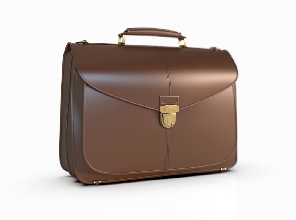 Brown Leather Businessman Briefcase with Lock on Light Background with Shadow, Business Bag Suitcase with Strap and Brass Buckle, Briefcase for Documents, Management or Professional 3D Illustration