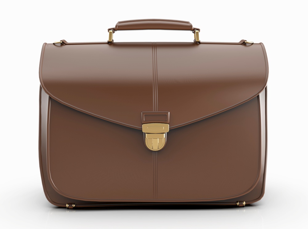 Brown Leather Businessman Briefcase with Lock on Light Background with Shadow, Business Bag Suitcase with Strap and Brass Buckle, Briefcase for Documents, Management or Professional 3D Illustration