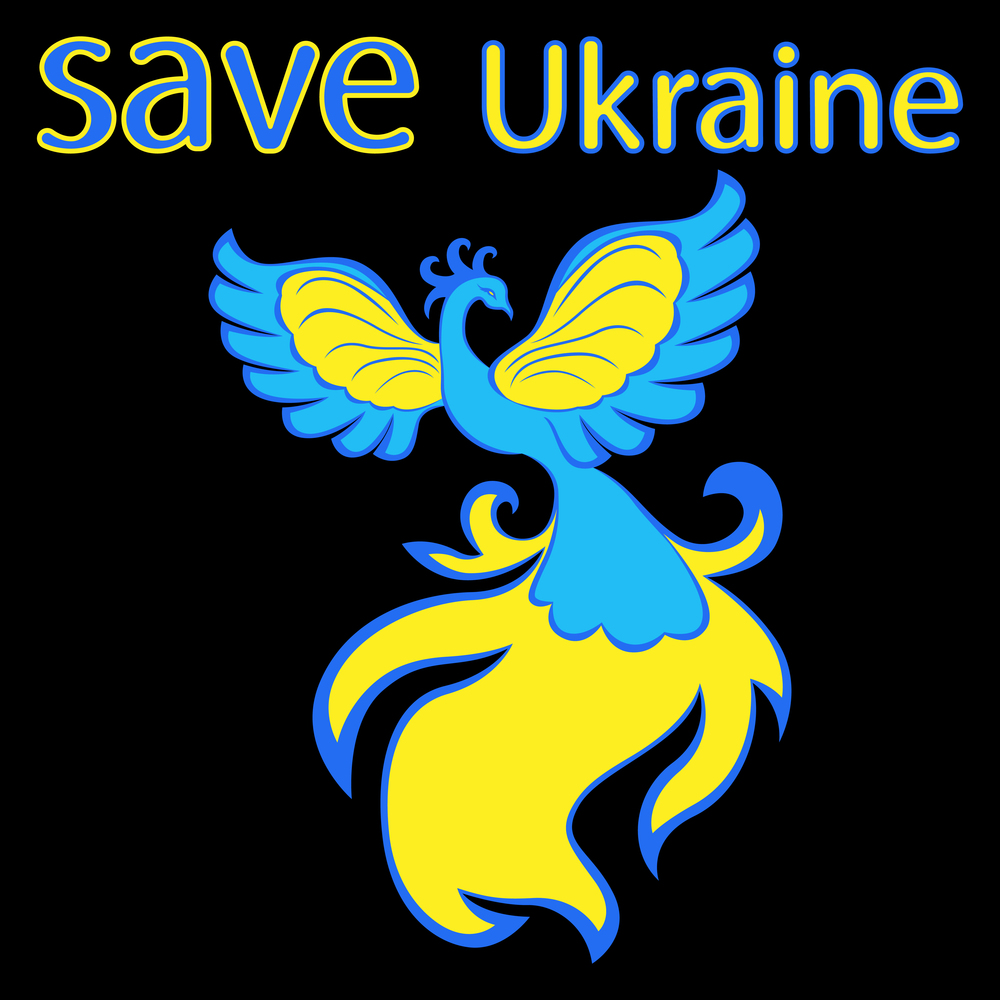 Vector illustration of a graceful phoenix with a call to save Ukraine in the blue and yellow colors of the national flag on the black background