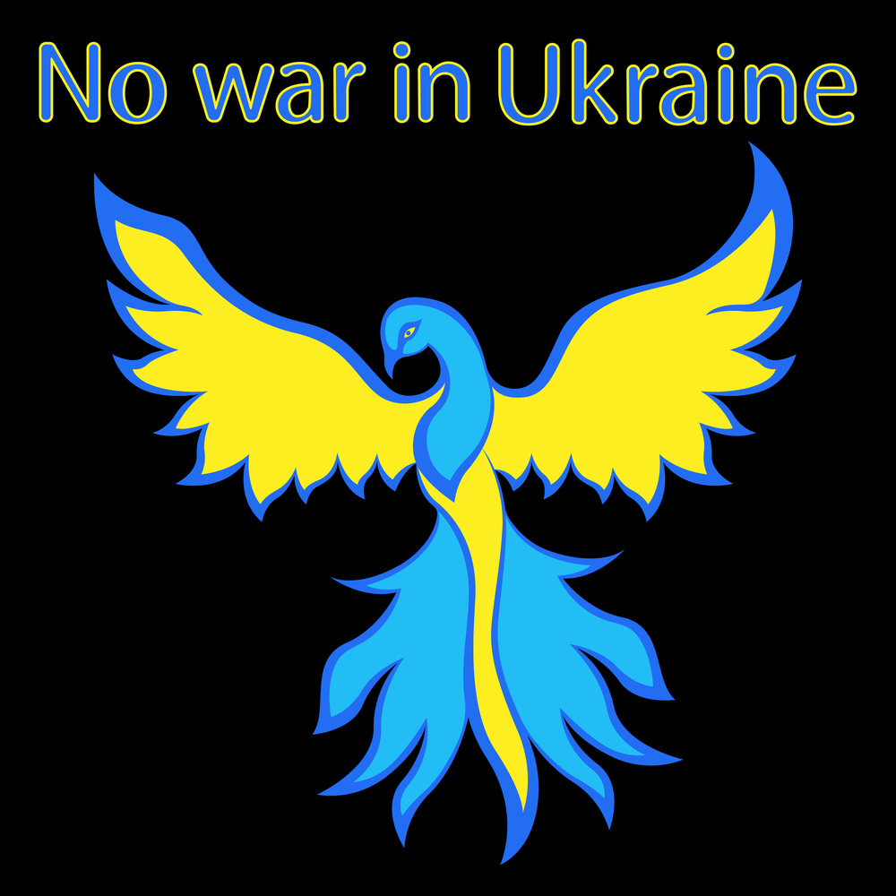Charming and graceful bird with a call to end the war in Ukraine in the blue and yellow colors of the national flag on the black background, hand drawing vector illustration