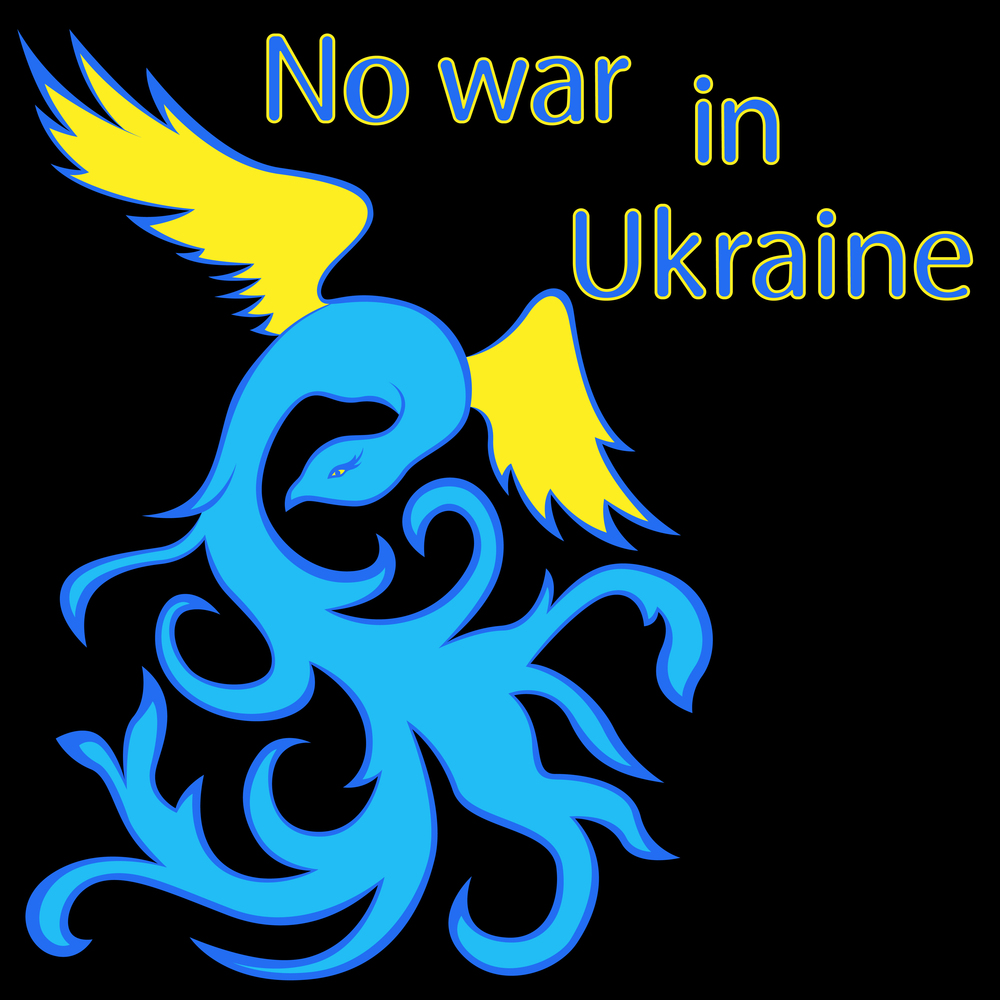 Vector illustration of a magic bird Phoenix with a call to end the war in Ukraine in the blue and yellow colors of the national flag