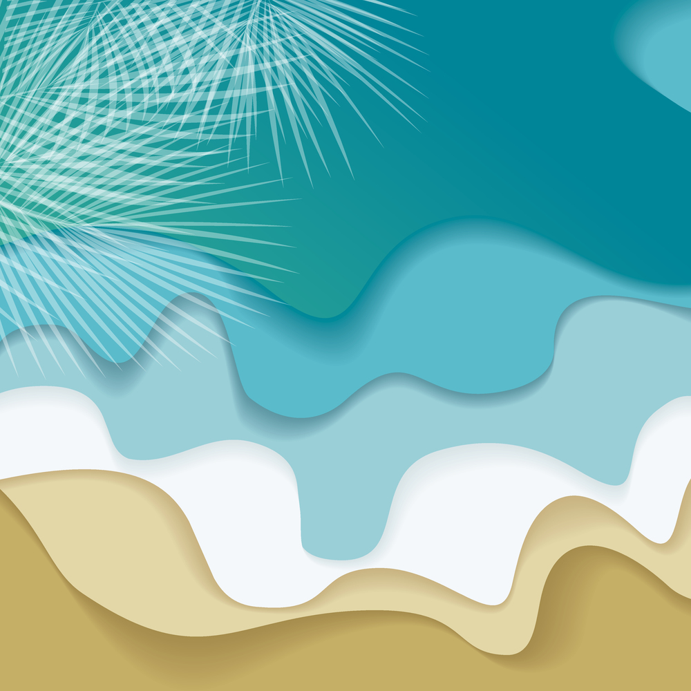 Beautiful sea summer or spring abstract background with sand beach, blue ocean and palm branch, flat design.