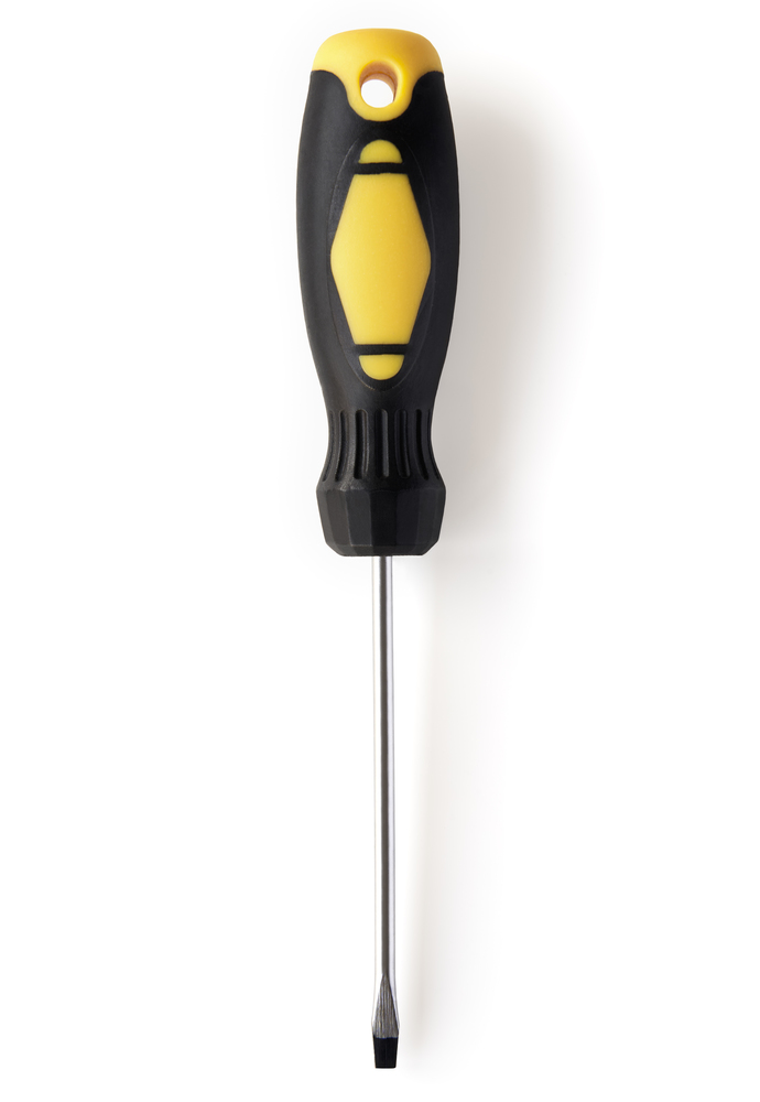 Overhead view of a flat headed screwdriver isolated on white background