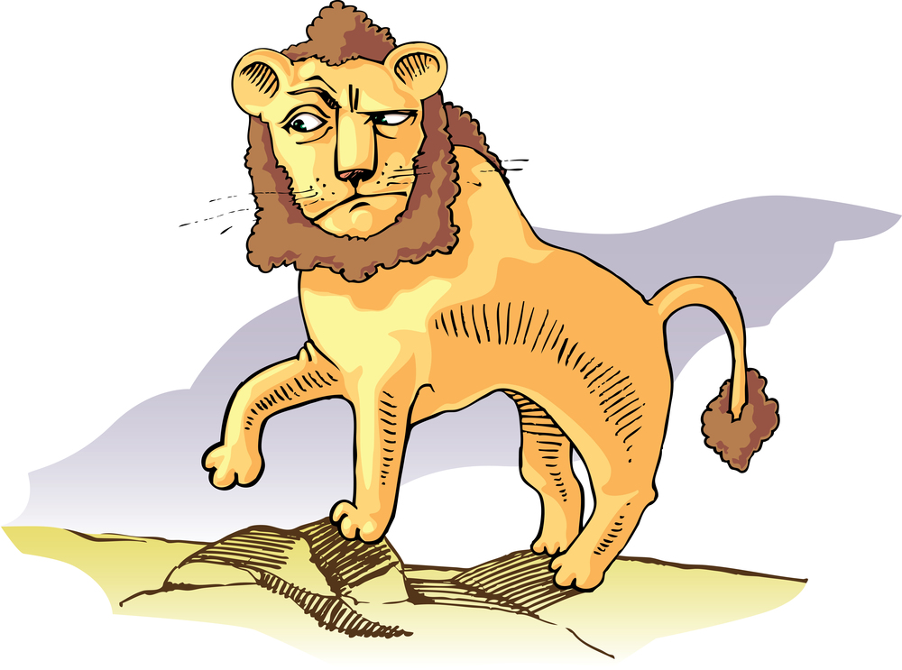 Surprised lion is standing on stone and looking sideways. Editable vector EPS v9.0.