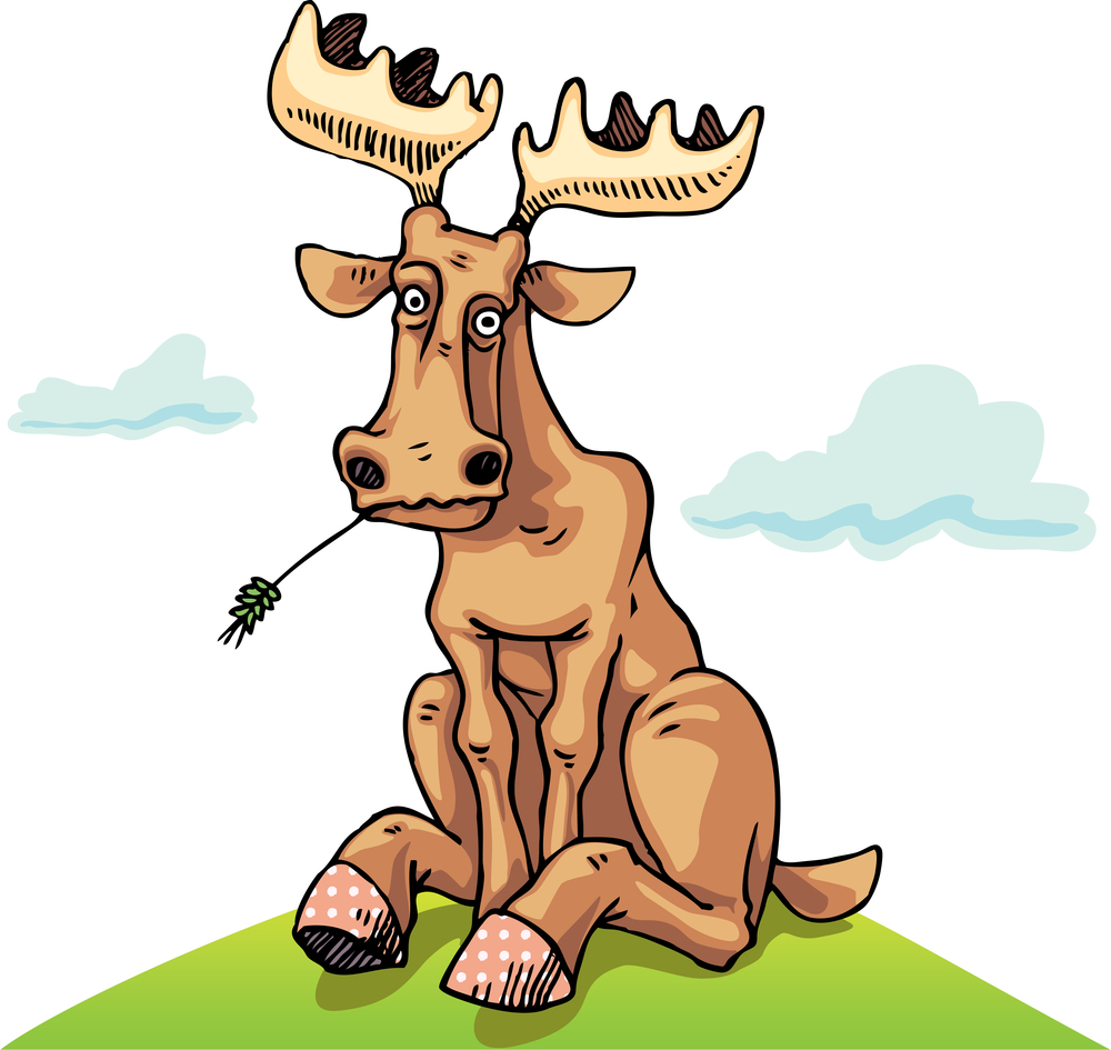 Perplexing and puzzled moose is sitting on the green lawn. Editable vector EPS v9.0.
