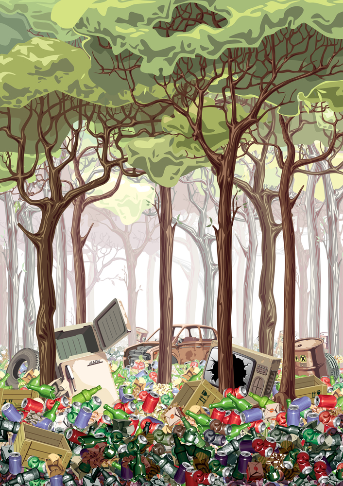 Junk Forest. This work is about industrial nature pollution. The green forest is flooded with garbage. It looks like a complete poster on  ecological theme. Editable vector EPS v9.0.