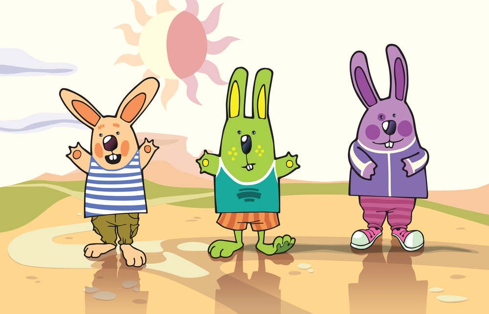 Three Funny Rabbits. Three cartoon rabbits are standing in the middle of a desert under the hot sun.Includes the editable vector EPS v10.0Enjoy!