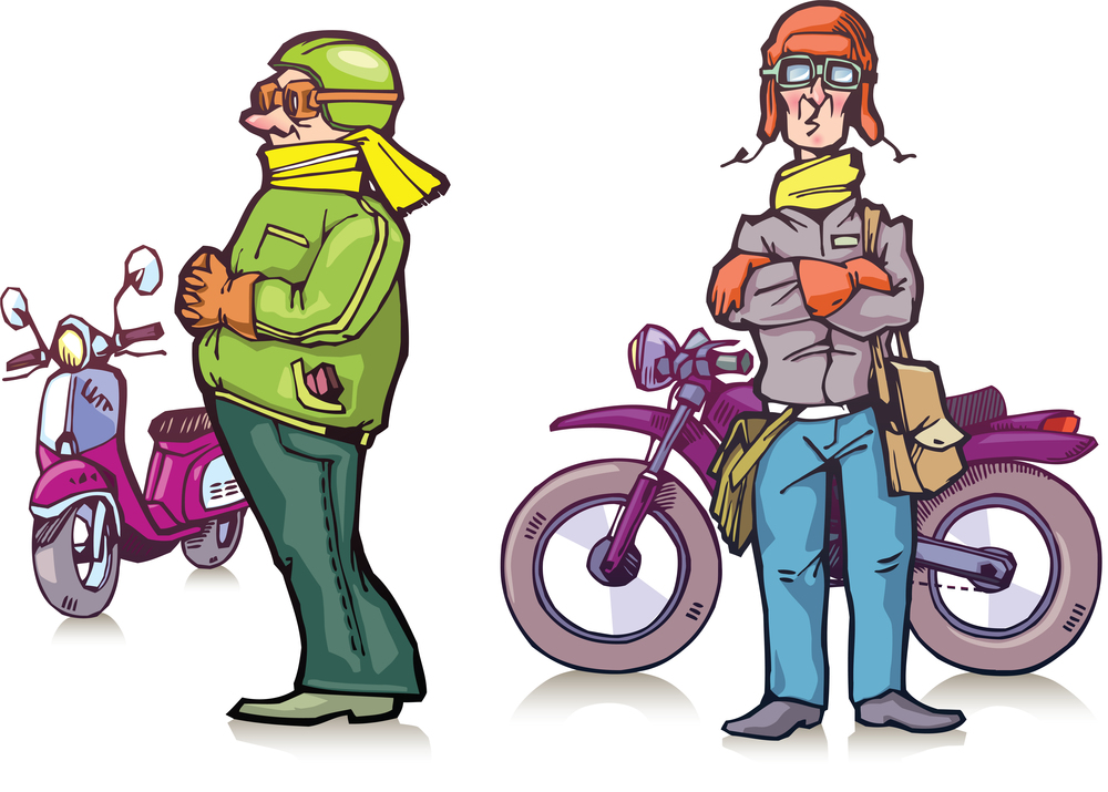 Cartoon Bikers. The bikers are standing near their bikes.Editable vector EPS v9.0.