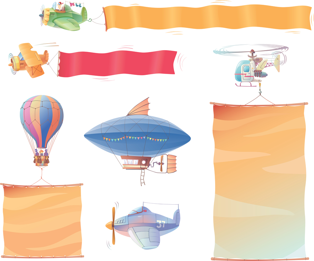Air Vehicles With Banners. There are different air vehicles with bright blank banners.Editable vector EPS v9.0