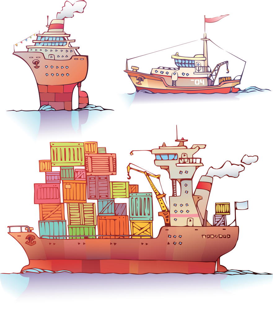 Ships. There are three type of a ships: the ocean liner, the tugboat and the container ship.Editable vector EPS v9.0.