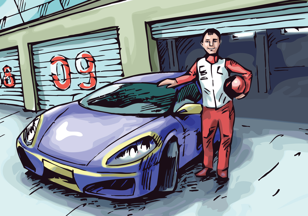 acer and His Car. The racer is standing near his blue sport car.Editable vector EPS v9.0. R