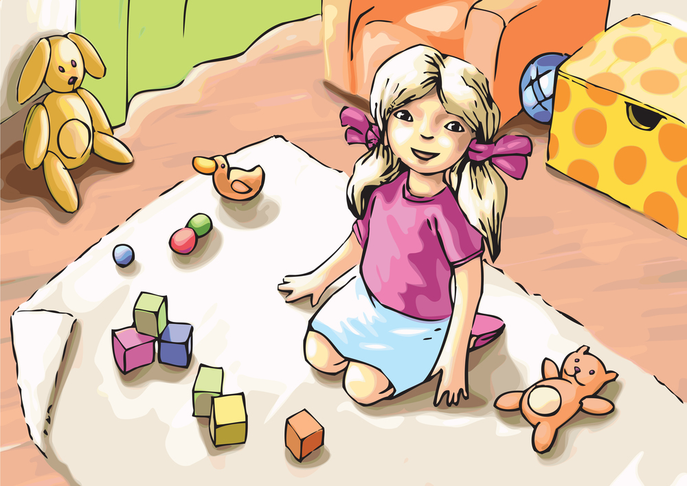 Playing Little Girl. The little girl is playing with toys.Editable vector EPS v9.0.