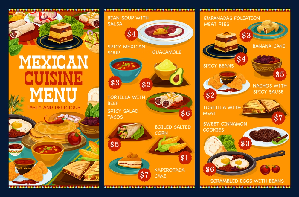 Mexican cuisine food menu, authentic Mexico restaurant dishes. Vector traditional Mexican lunch and dinner meals, bean soup with salsa, guacamole and beef tortilla, nachos and empanadas. Authentic Mexican cuisine food, Mexico cafe menu