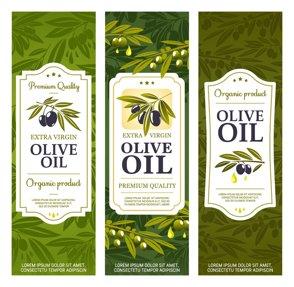 Olive oil bottle package labels, organic extra virgin olives. Vector Spanish, Greek and Italian premium quality natural olive oil banners with stars, drops and green leaves. Extra virgin olive oil, product bottle package