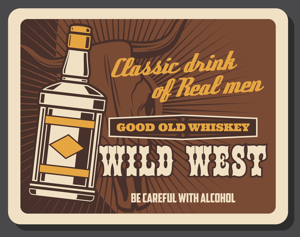 Wild West vintage retro poster, whiskey bar saloon, American Western cowboy pub. American Wild West, Texas and Arizona alcohol drinks saloon, longhorn bull skull. Whiskey bar saloon, Wild West cowboy pub