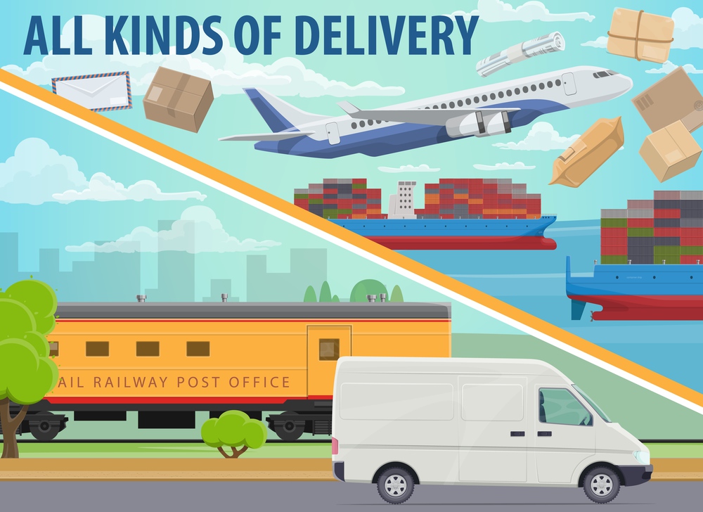 Freight transport and cargo delivery vector design of transportation and shipping service. Truck vehicle, container ship and airplane, train and van with boxes, packages, parcels and letter envelope. Cargo delivery, shipping service freight transport