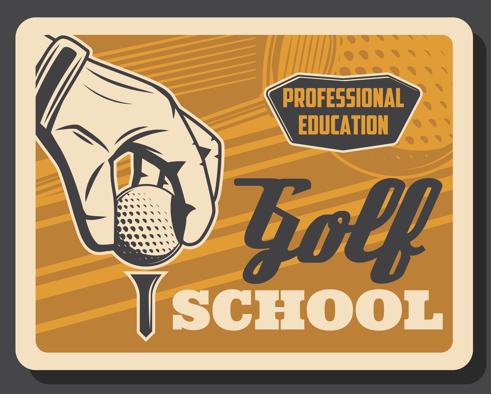 Golf club, professional golfer layers school, premium leisure sport and best recreation vintage retro poster. Vector golf education and championship tournament, golf ball and stick on putter. Golf club tournament, leisure sport school