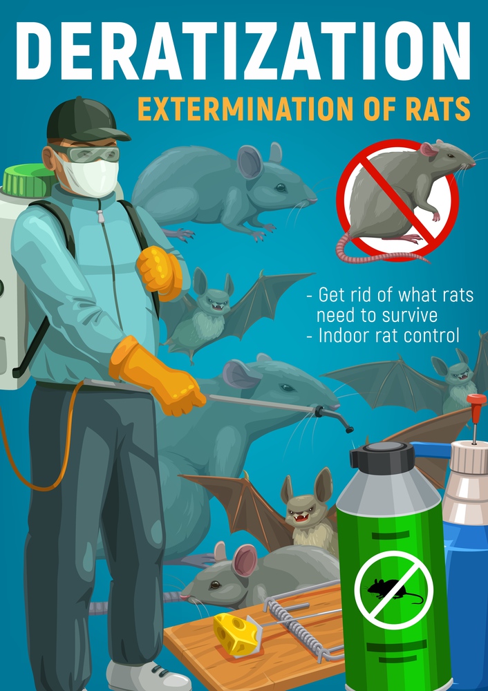 Rodent control, deratization and extermination of rats, mice and bats vector design. Pest control worker or exterminator with repellent spray, trap and rodenticide sprayer, parasite animals and mask. Extermination of rats, mice, bats. Rodent control