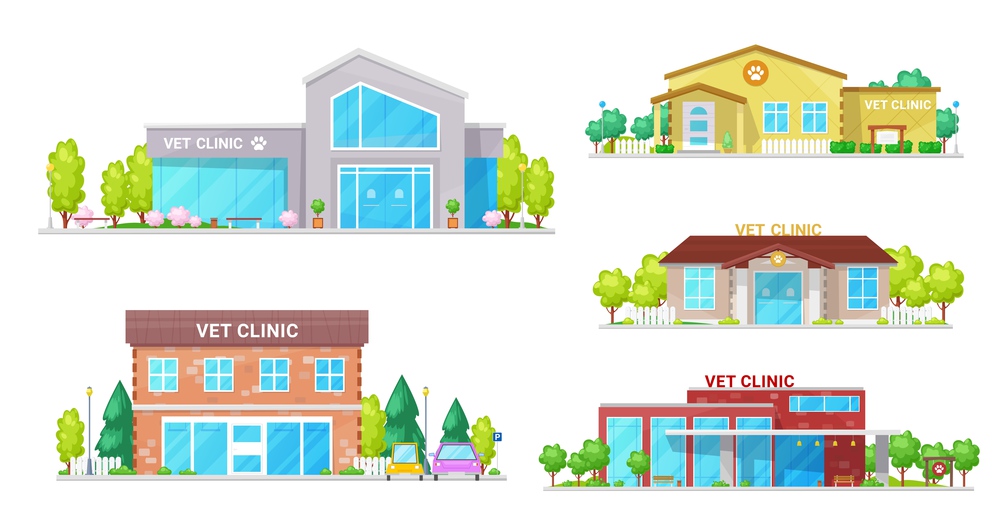 Vet clinic buildings, veterinarian and animal hospitals. Vector isolated modern vet clinic facades with infrastructure, medical institutions and health care clinic buildings. Vet clinic, veterinary animal hospital buildings