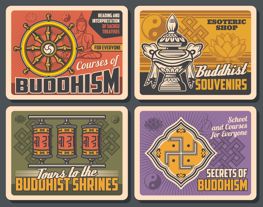 Buddhism religion, meditation and Buddha worship vintage retro posters. Vector Buddhism religious school courses, esoteric souvenirs shop and Buddhist shrines or temples pilgrim tours. Buddhism religion, Buddhist temples and shrines