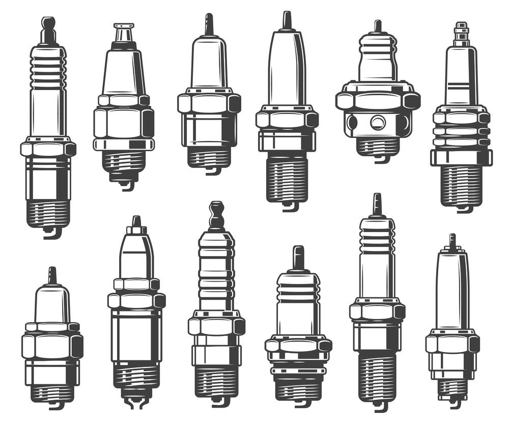 Spark plugs types, car ignition system and spark-ignition engine spare part. Vector isolated vehicles parts, auto service, mechanic garage and automotive maintenance symbols. Auto service, car mechanic garage rusty plates