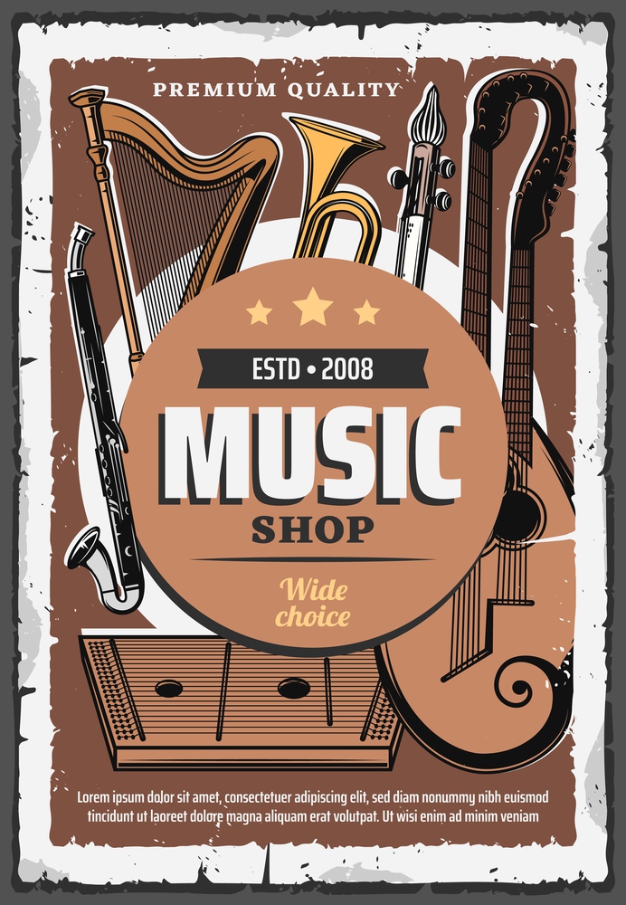 Music instruments shop vintage retro poster, live concert and folk band festival sound equipment. Vector music instruments, harp, rock electric guitar and jazz saxophone, classical harp and trumpet. Folk and orchestra music instruments shop