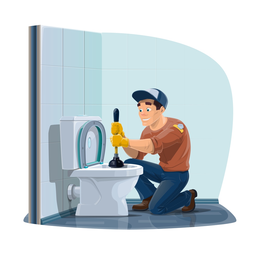 Plumber cleaning toilet sewerage with plunger, home plumbing service. Vector plumber profession, home sewerage pipeline leakage repair, maintenance and cleaning service. Plumber profession, man cleaning toilet