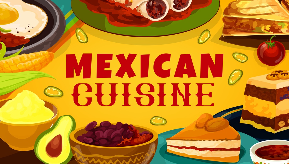 Mexican cuisine food, Latin America traditional dishes, restaurant menu and cooking recipe book cover. Vector Mexican spicy bean soup, cinnamon cookies and capiotada pudding with beef tortillas. Traditional Mexico meals, Mexican cuisine menu