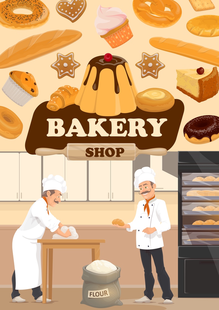 Bakery shop bread, patisserie sweets and pastry desserts. Vector baker man at work, kneading dough from flour bag and baking bread, buns and whet or rye bagels in oven. Baker baking bread, bakery shop pastry sweets