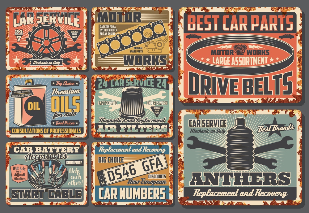 Car service and auto mechanic center rusty plates, retro posters. Vector automotive spare parts shop and garage station, car number plates, engine drive belts, gaskets and wheel anthers. Car mechanic service rusty plates