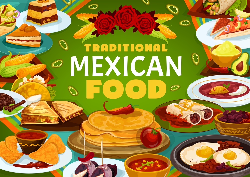 Mexican cuisine, traditional restaurant menu dishes, food cooking recipe book cover. Vector Mexico lunch and dinner meals, meat empanada, salad tacos and capirotada pudding, spicy beans and nachos. Traditional Mexican cuisine food, restaurant menu