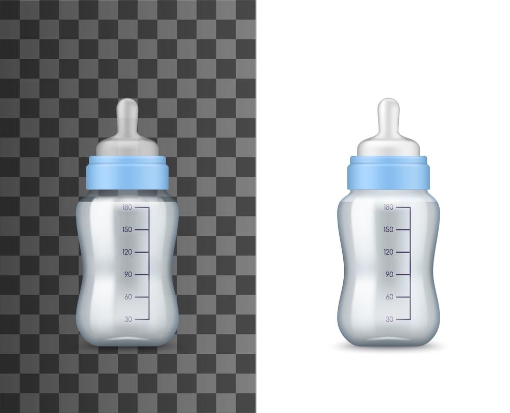 Baby milk bottles, realistic 3D mockup templates. Vector isolated baby feeding bottles of transparent plastic with milk or nutrition food, nipple and capacity volume measuring grades. Baby feeding milk bottles, realistic mockups