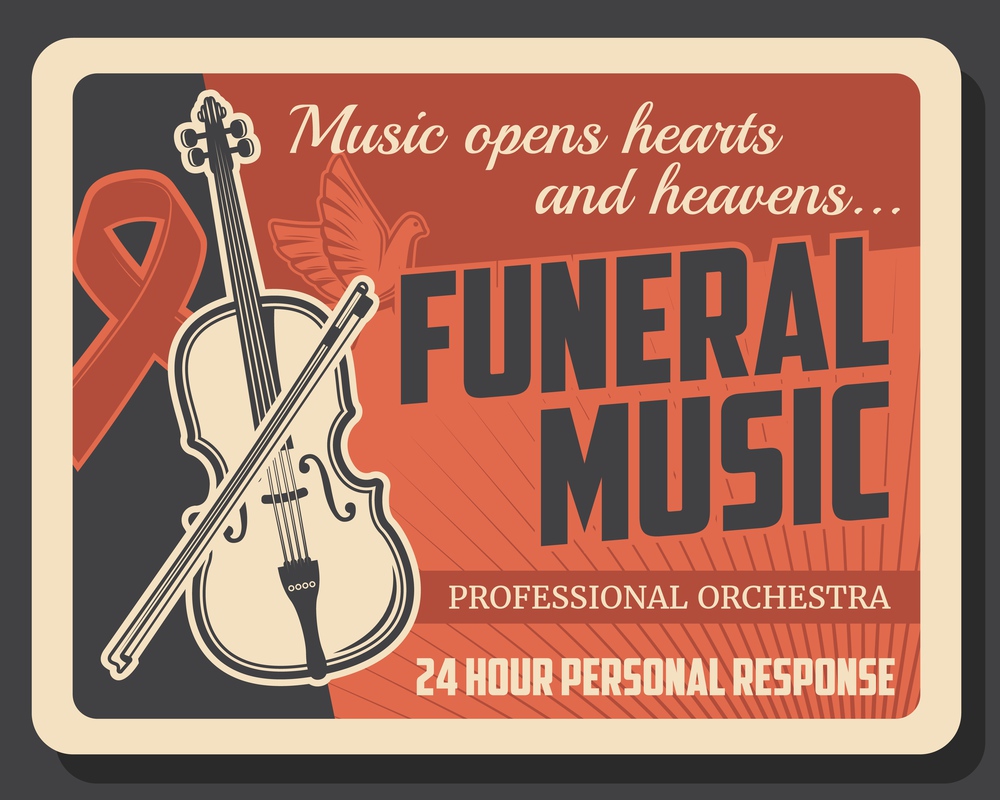 Funeral service company vintage poster, farewell ceremony music orchestra. Vector professional burial organization and memorial requiem mass music, funeral RIP ribbon and dove bird. Funeral ceremony and farewell music service