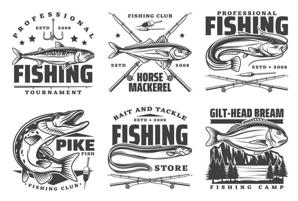 Fishing icons and fisherman club signs, sport tournament and fish catch lures, baits and tackles shop icons. Vector river sheatfish, pike and gilt-head bream, sea mackerel and eel fish. Professional fishing sport, fisherman club badges