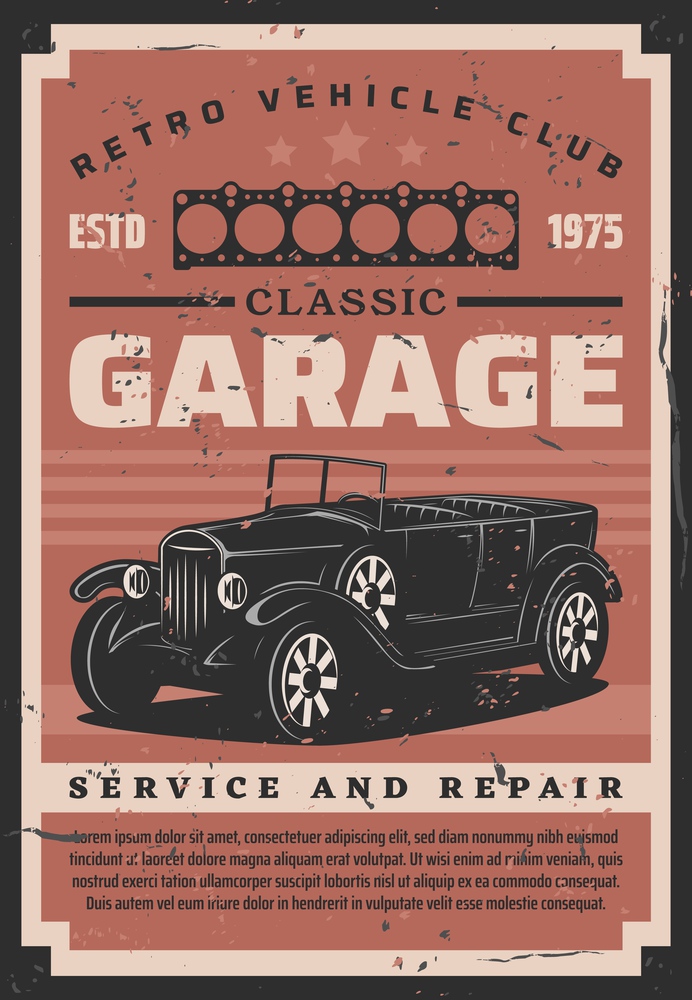 Retro vehicles and classic cars garage, rare vintage automobiles service center. Vector oldtimer automobiles club, repair and restoration, mechanic maintenance and engine spare parts. Vintage cars garage station, retro vehicles center