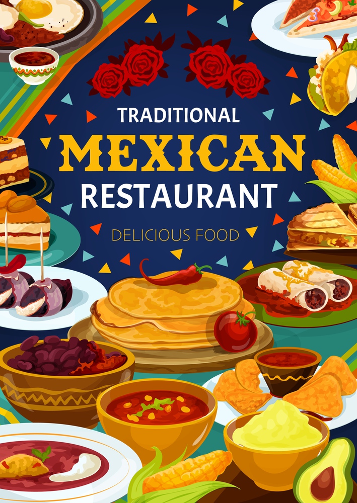 Mexican cuisine restaurant menu, Latin America traditional authentic dishes and lunch meals. Vector Mexican burrito, cinnamon cookie and capirotada pudding, scrambled egg with meat and spicy bean soup. Traditional Mexican food, restaurant meals menu