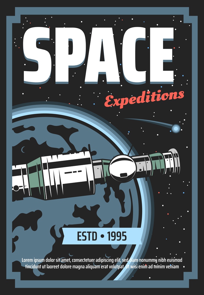 Cosmic space expeditions, galaxy exploration and shuttle or rocket travel adventure poster. Vector futuristic technology, spaceship rocket in outer space universe, galaxy trips to Moon and Saturn. Galaxy expedition and cosmic space exploration