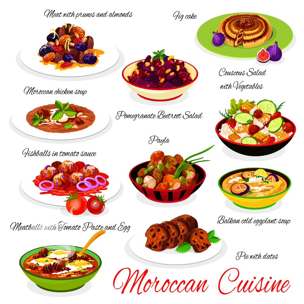 Moroccan cuisine traditional dishes chicken soup, couscous salad with vegetables, fig cake, meat with prunes and almonds, fishballs with sauce, meatballs with tomato paste and egg. Vector illustration. Moroccan food, traditional cuisine menu dishes