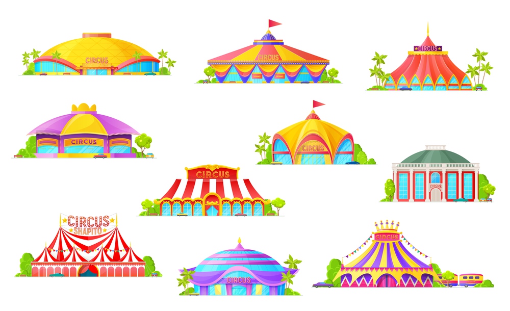 Big top tent circus isolated icons, cartoon building and carnival striped marquees with flags. Chapiteau circus, amusement fair park and funfair entrance, entertainment industry. Circus, marquees and big top tent buildings