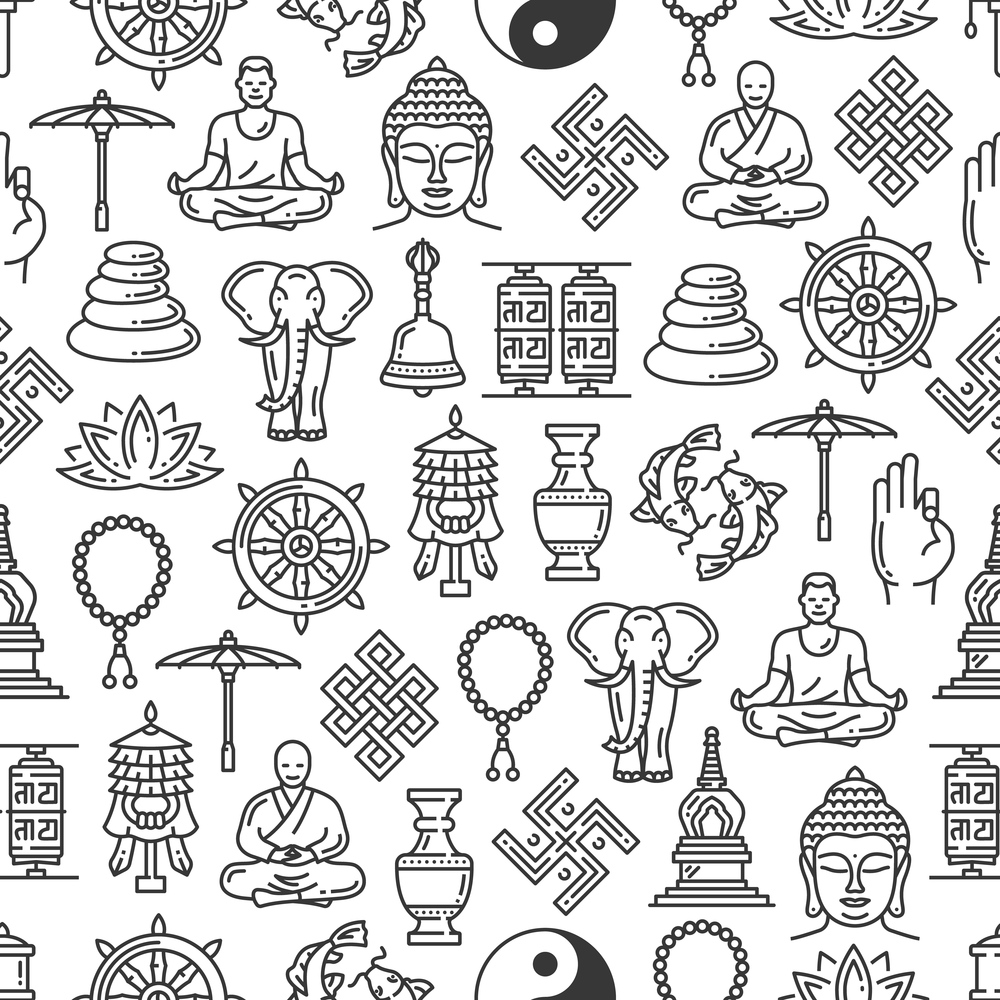 Buddhism seamless pattern, outline vector symbols on white background. Zen meditation and religious Buddha, monk and mudra, Yin Yang or Dharma wheel, temple drum, elephant and Buddhist beads, swastika. Buddhism religion seamless pattern background